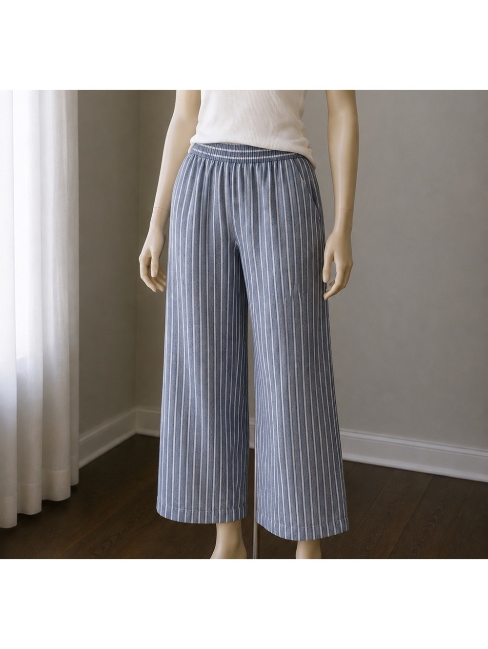 Max Studio Linen Cotton Wide Leg Pants Women’s Blue White Stripe Pull On Small